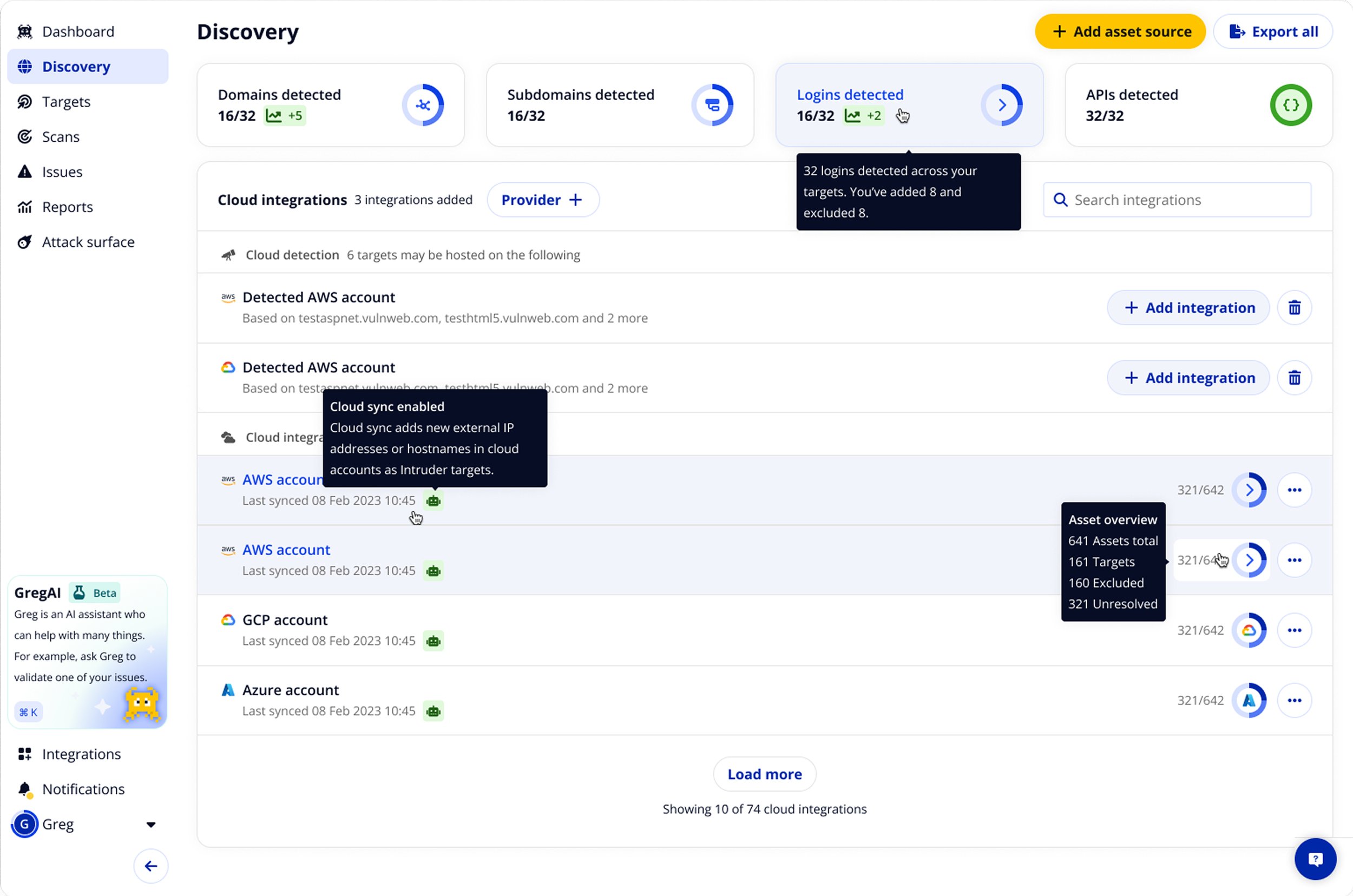 Discovery hub showing domains, subdomains, logins and APIs detected, with cloud integrations list showing AWS, GCP and Azure accounts
