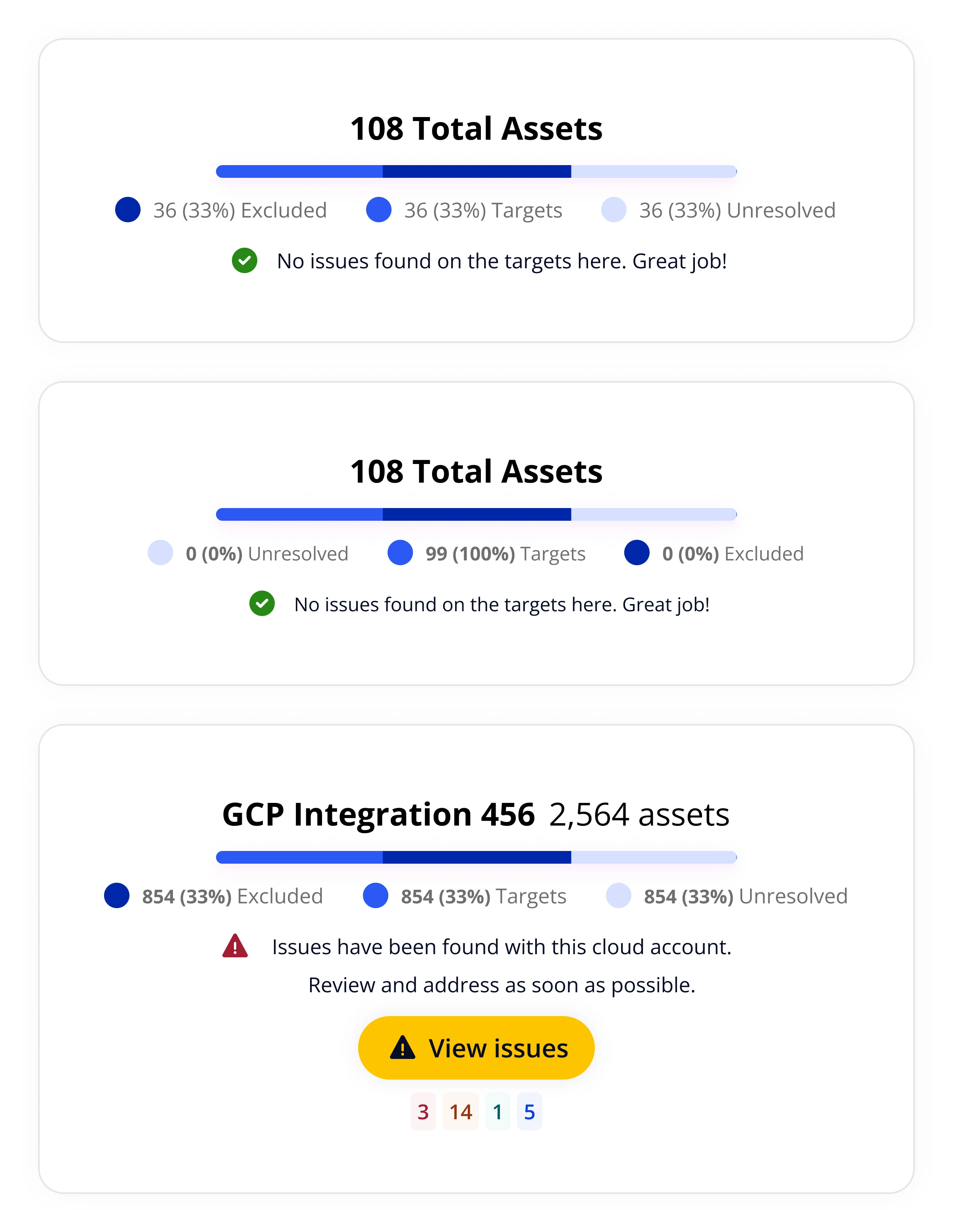 Subscription triage showing progress bars with Unresolved, Targets and Excluded counts across multiple cloud subscriptions