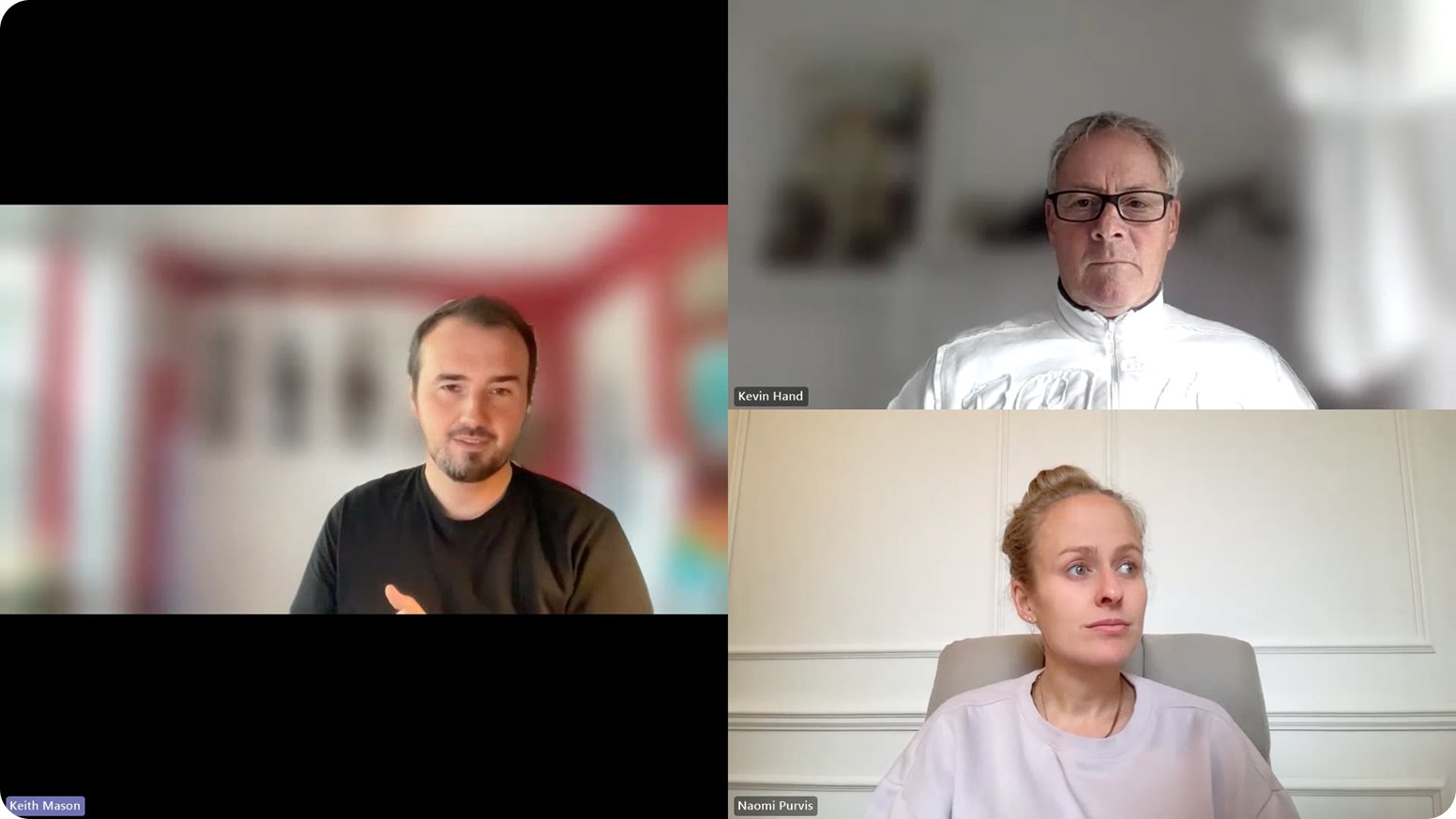 Video call with Keith Mason, Kevin Hand (CISO River Island), and Naomi Purvis during customer research