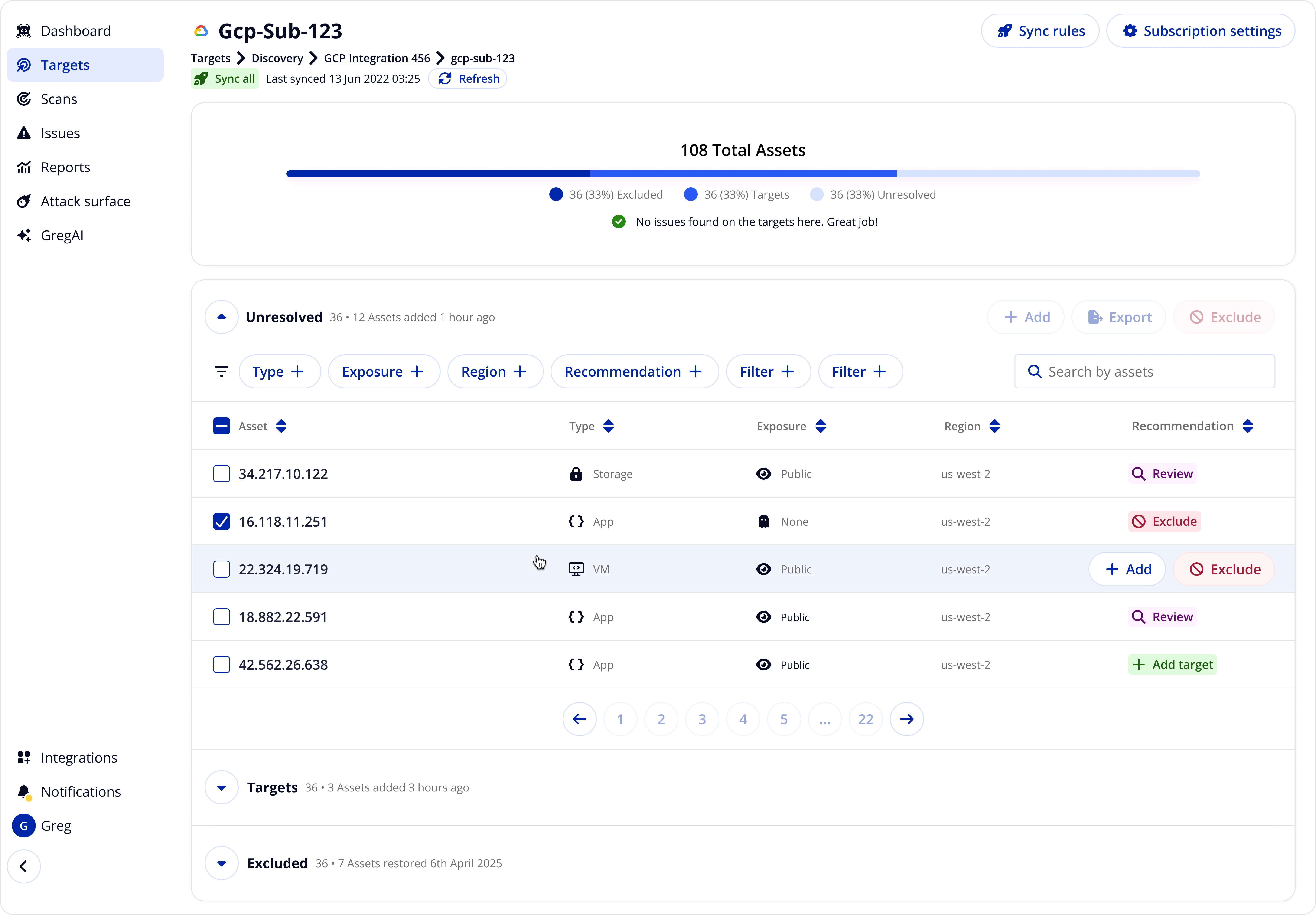 Individual subscription view for GCP Sub-123 showing 108 assets with Add, Review and Exclude recommendations per asset
