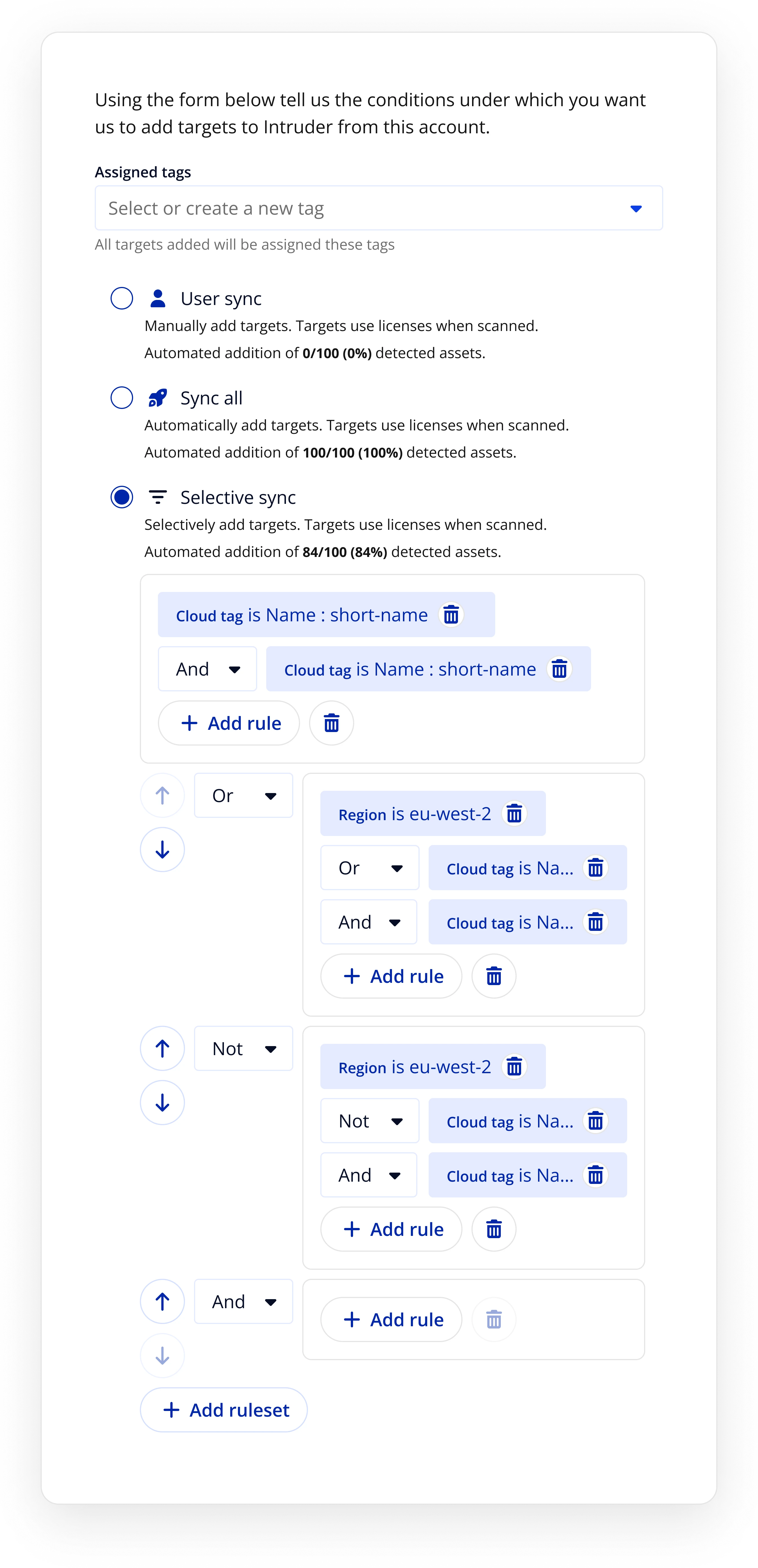 Sync rules interface showing User sync, Sync all, and Selective sync options with cloud tag-based rule builder
