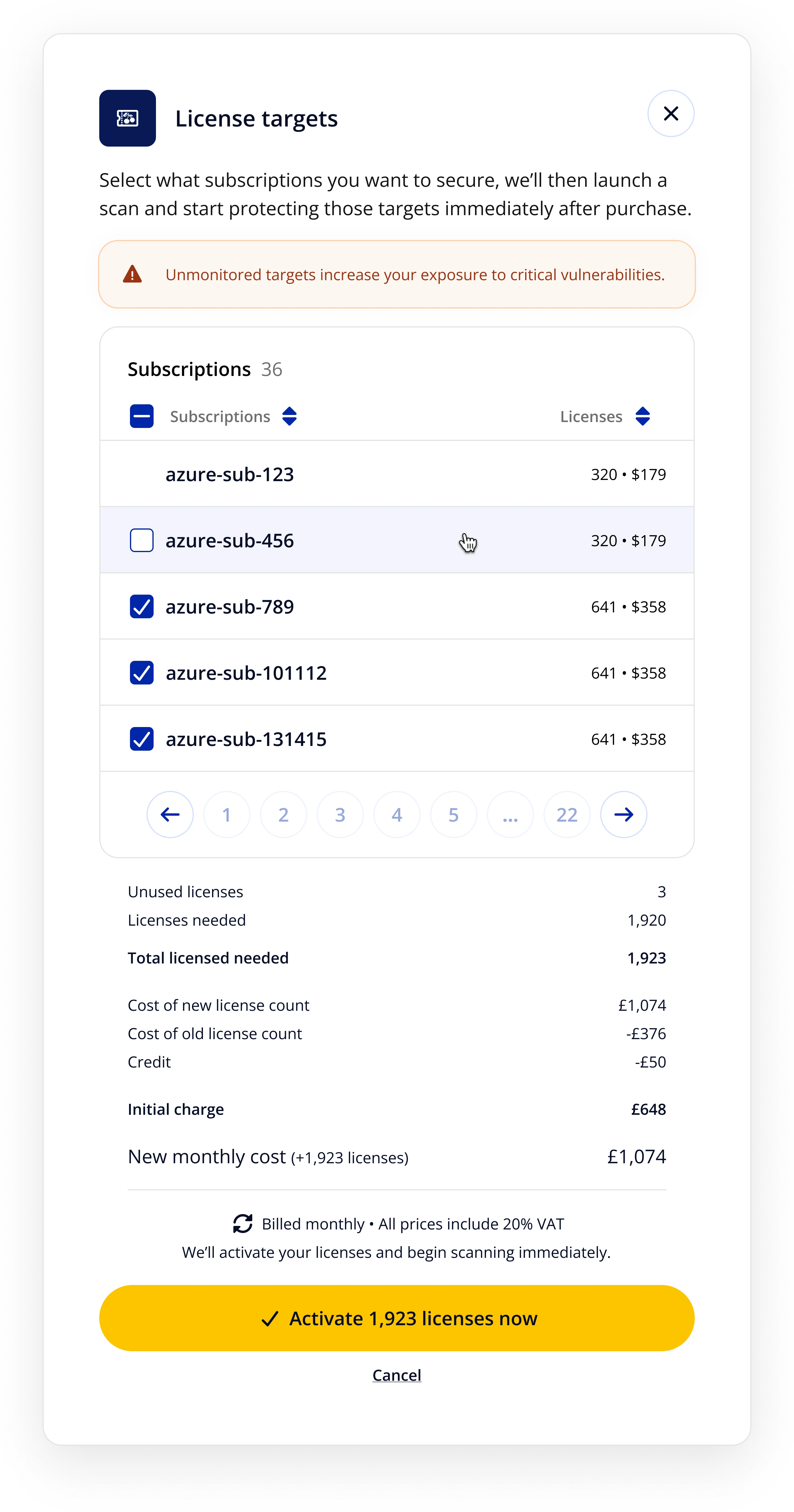 License Targets modal showing subscription selection with licence counts, cost breakdown and Activate button