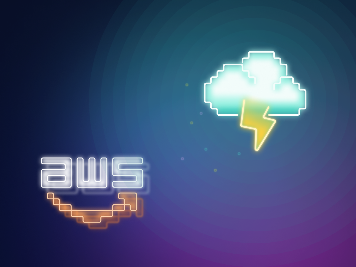 AWS Cloud Security marketing asset - neon pixel cloud and AWS logo on dark synthwave background