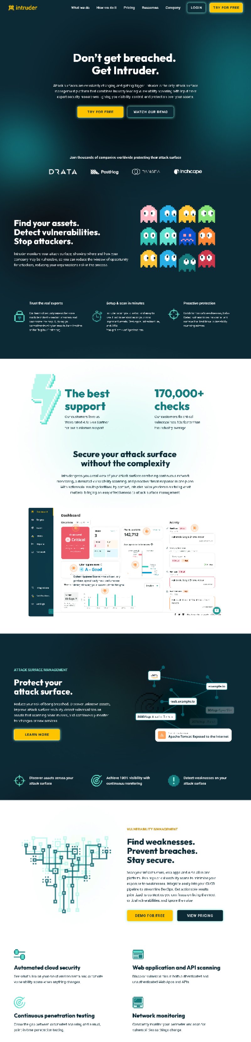 Old Intruder homepage featuring Pac-Man style characters and retro gaming aesthetic