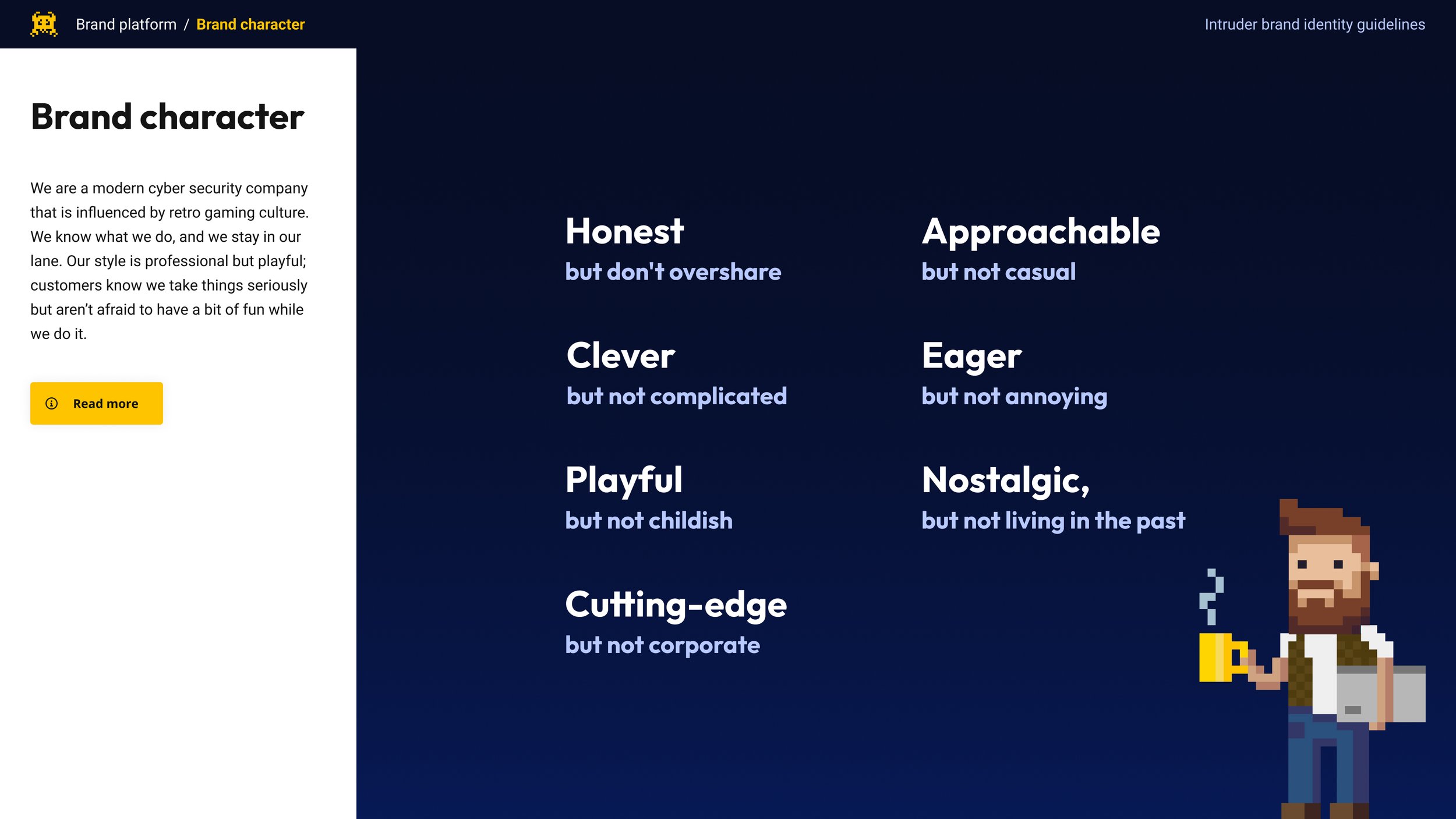 Intruder brand character guidelines showing principles: Honest but don't overshare, Approachable but not casual, Clever but not complicated, Eager but not annoying, Playful but not childish, Nostalgic but not living in the past, Cutting-edge but not corporate