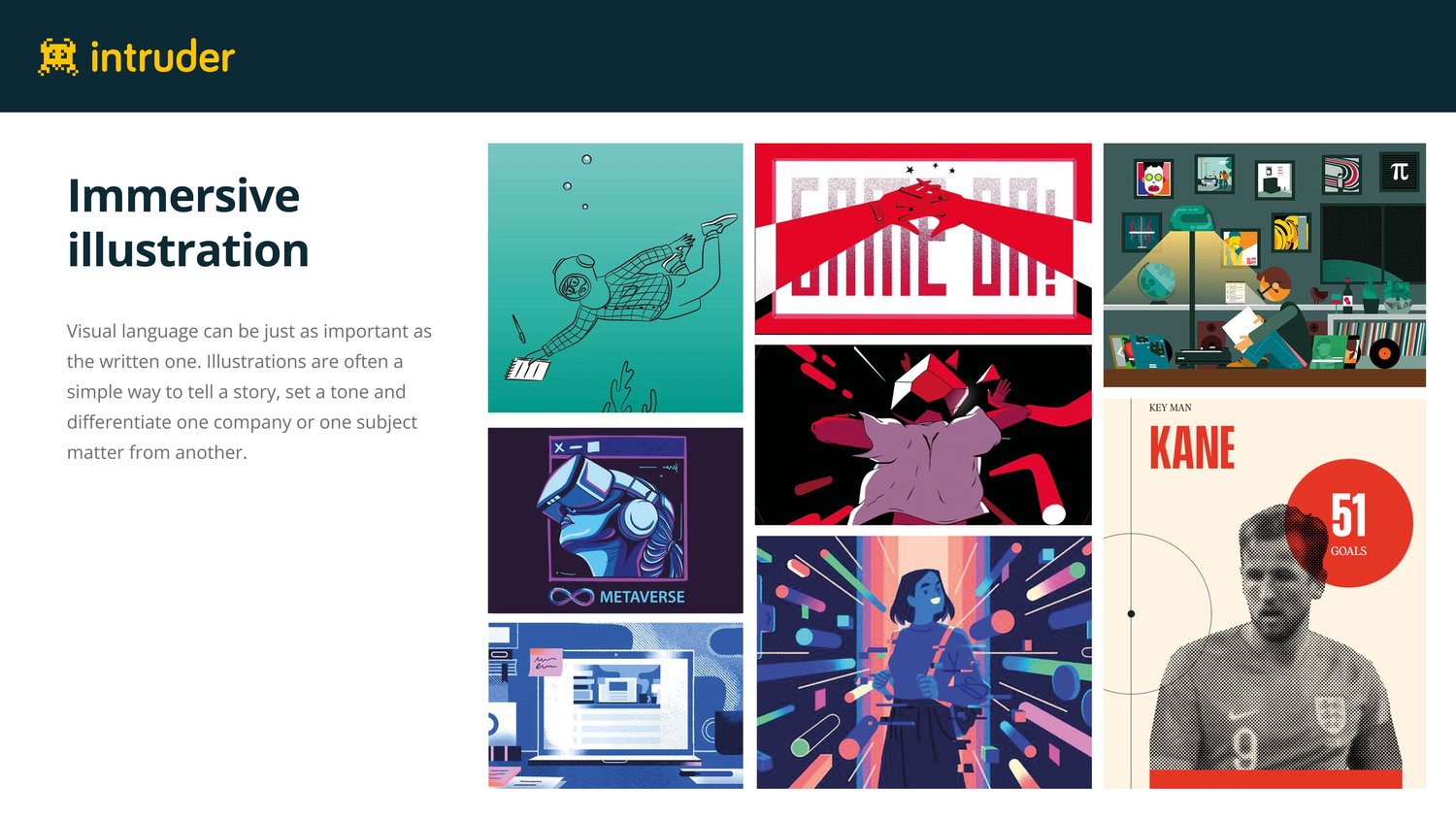 Immersive illustration moodboard showing editorial illustration styles, flat bold characters, typographic compositions
