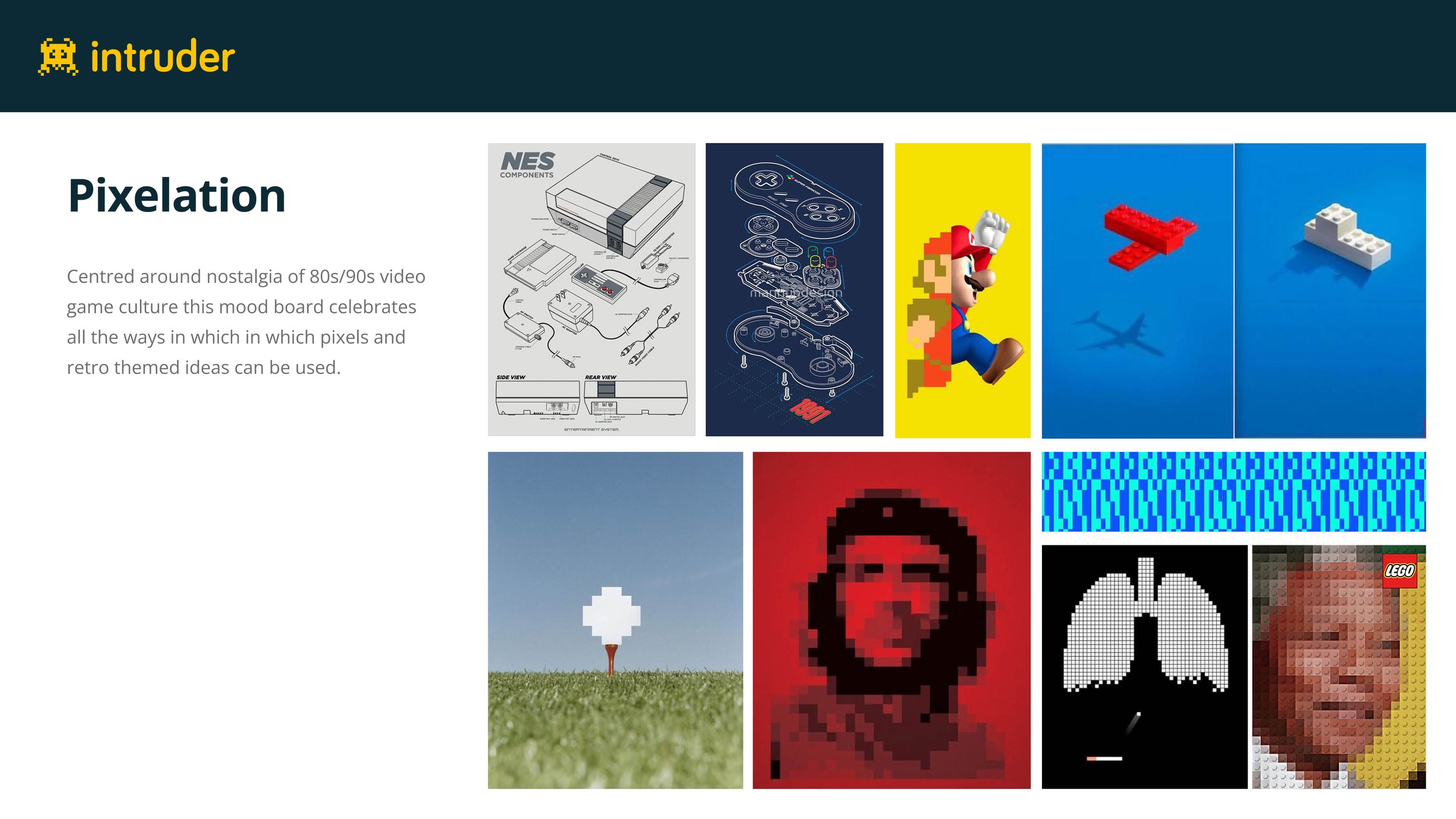 Pixelation moodboard showing NES components, retro gaming controllers, pixel art imagery celebrating 80s/90s video game culture