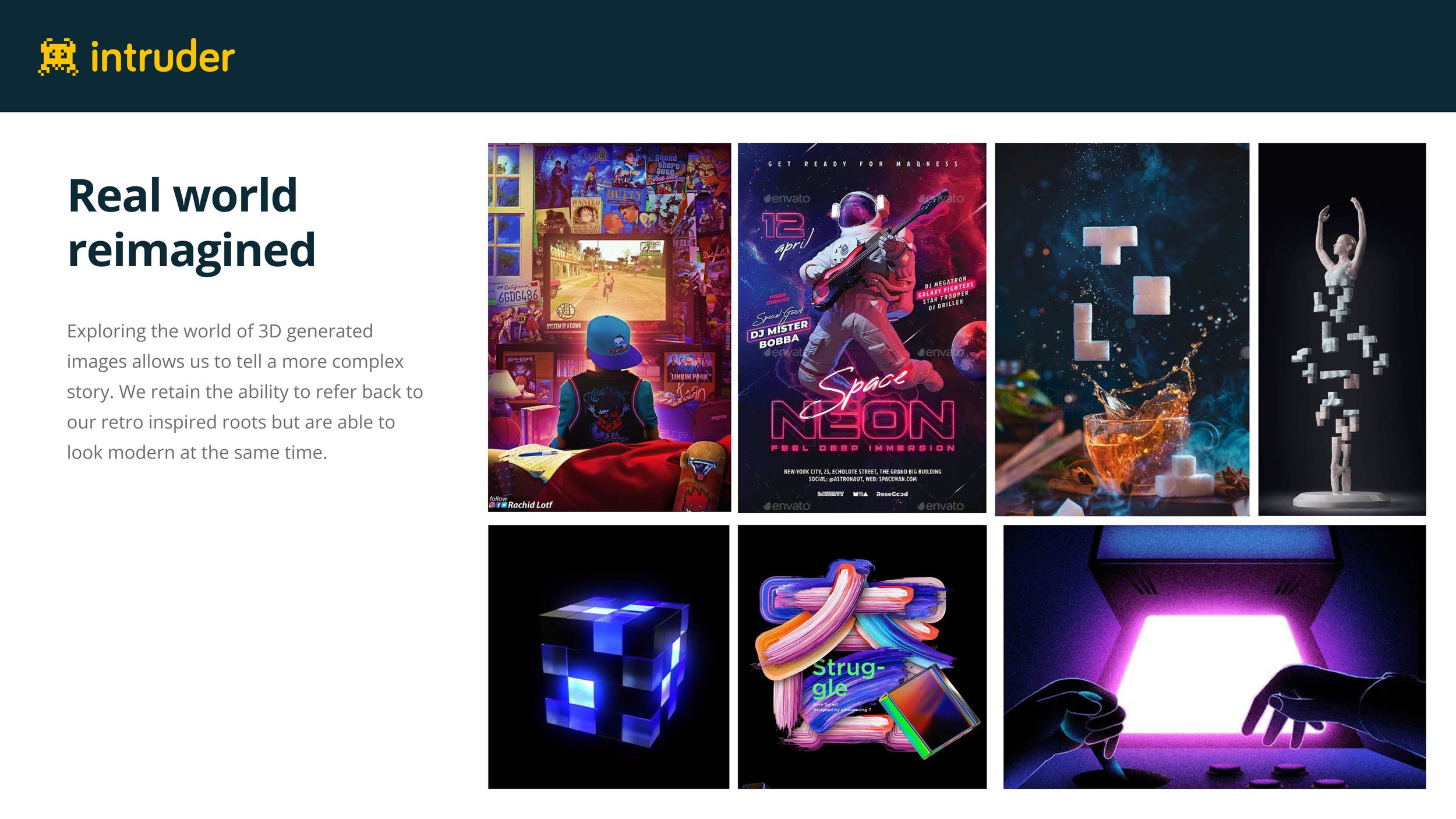 Real world reimagined moodboard showing 3D generated imagery, neon synthwave aesthetics, Space Neon poster, voxel cubes
