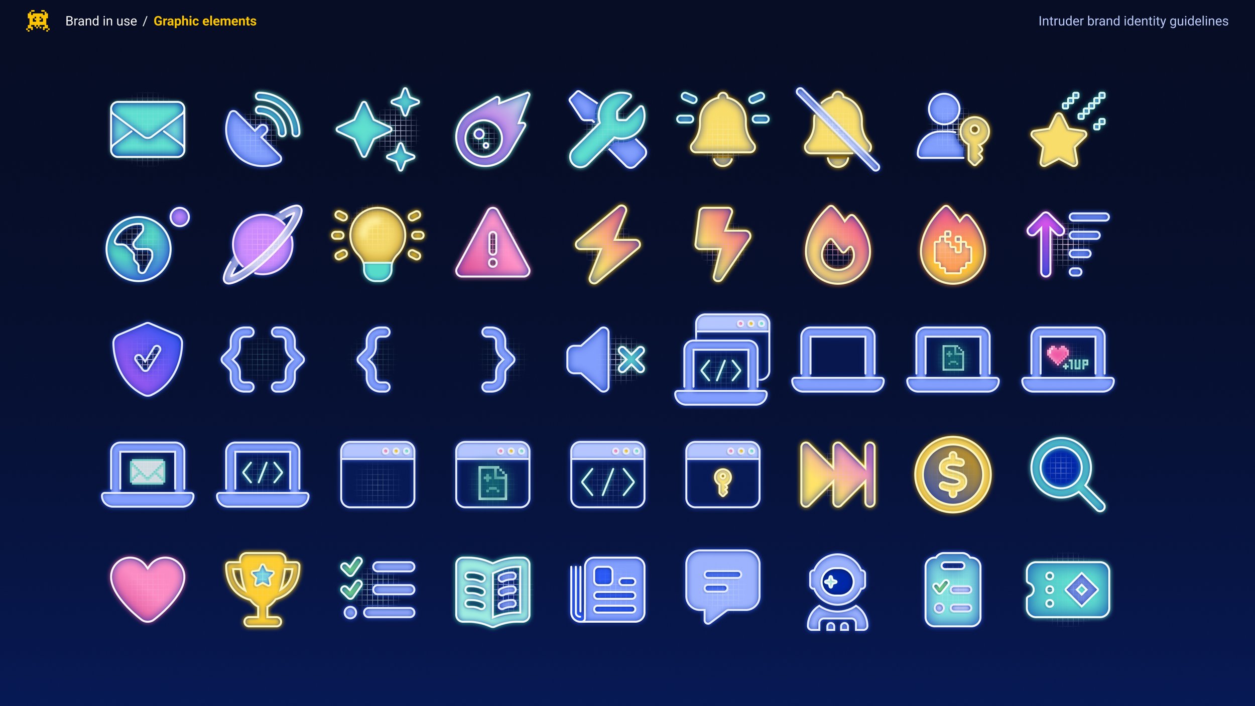 New graphic elements - neon-outlined icons with gradient fills, synthwave aesthetic applied to security, technology and notification iconography