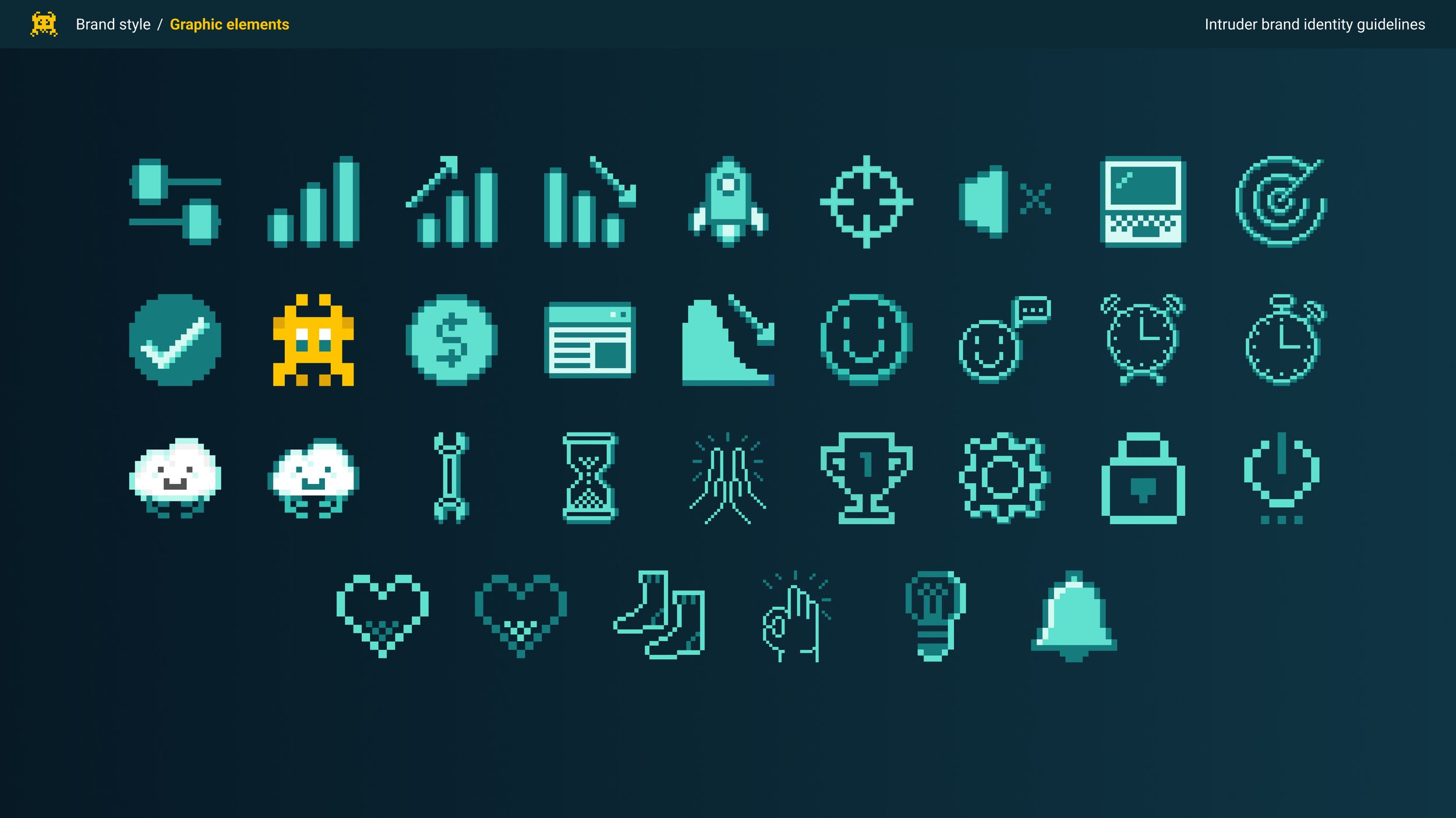 Old pixel art icon set - teal retro gaming-style icons used across product and marketing