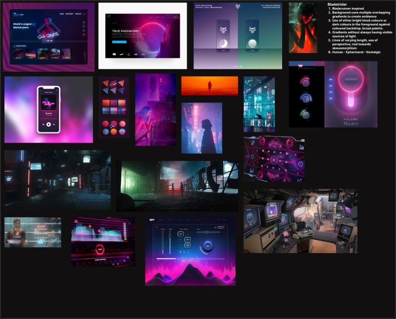 Bladetruder concept direction - Bladerunner inspired, overlapping gradients, neon colours, ephemeral nostalgic aesthetic