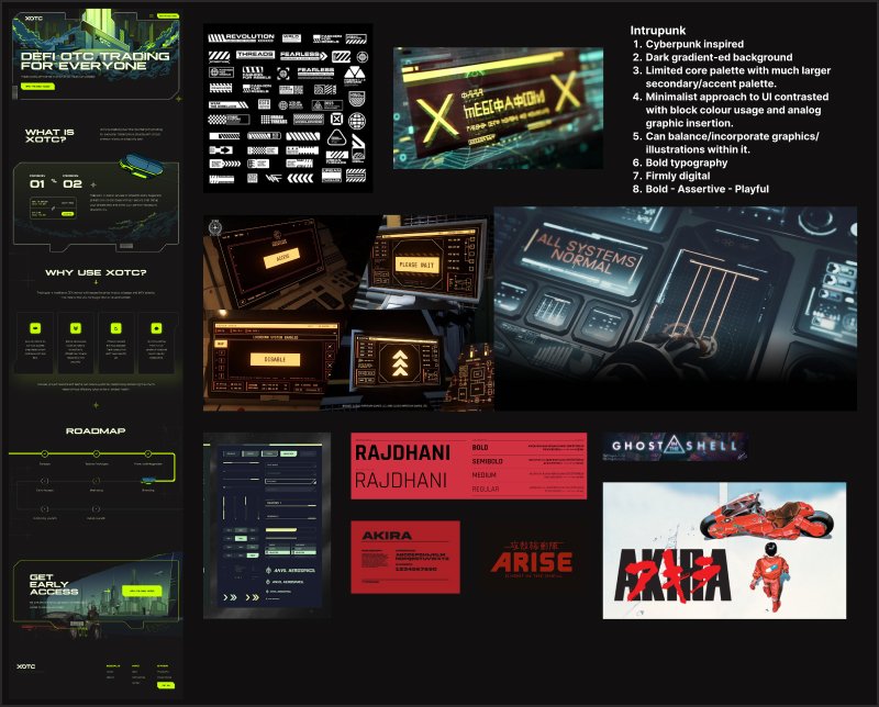 Intrupunk concept direction - cyberpunk inspired, dark gradient backgrounds, bold typography, Rajdhani typeface, Akira reference