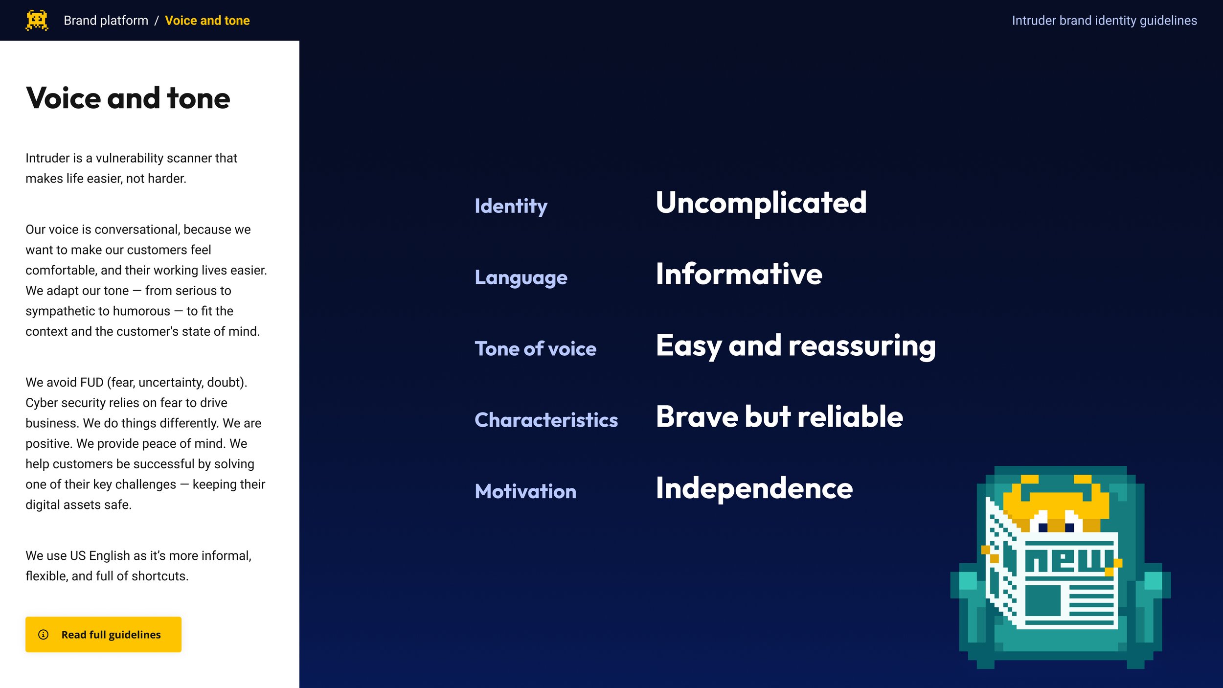 Intruder voice and tone guidelines showing Identity: Uncomplicated, Language: Informative, Tone: Easy and reassuring, Characteristics: Brave but reliable, Motivation: Independence
