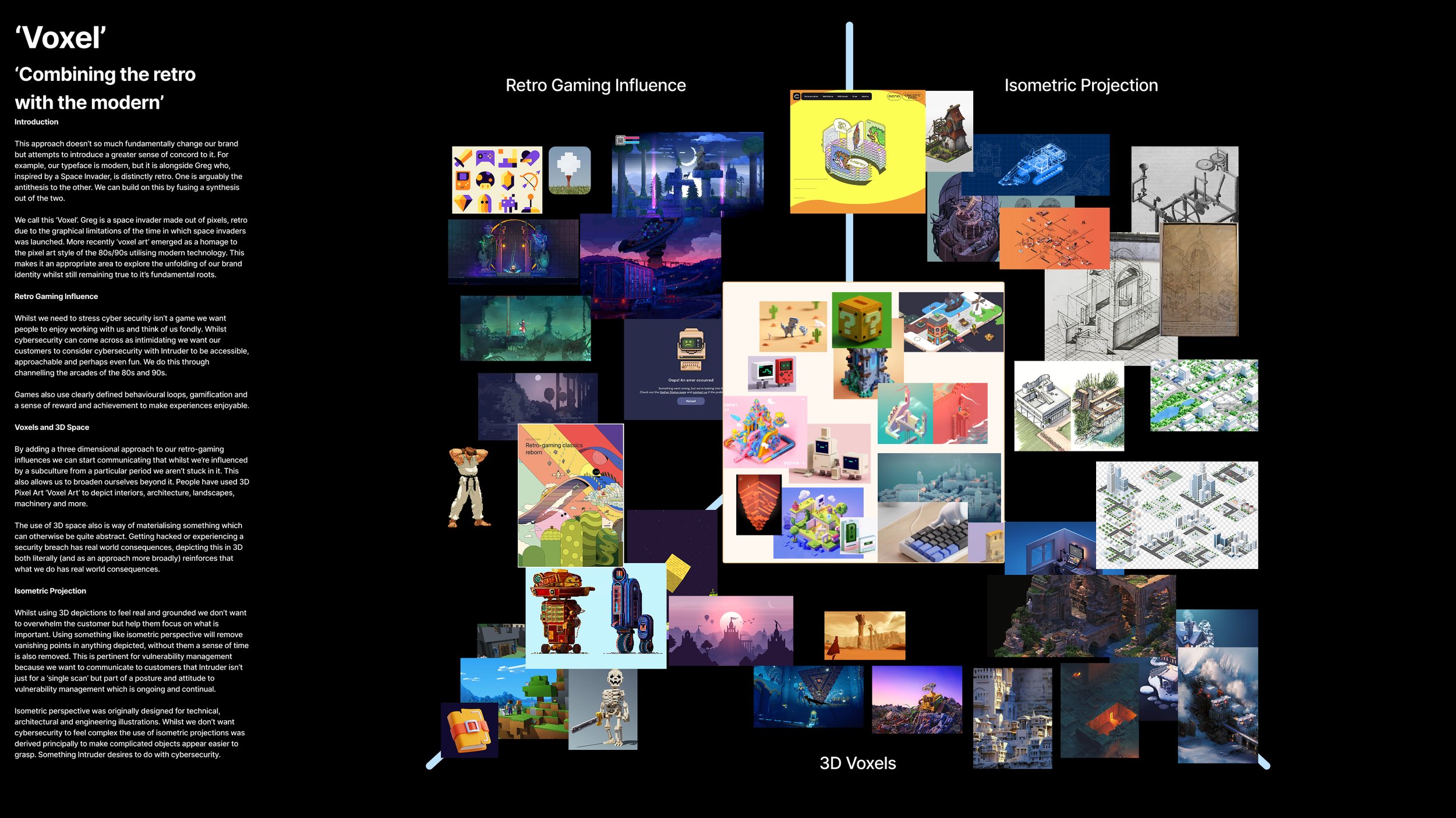 Voxel concept board combining retro gaming influence with isometric projection and 3D voxel art, showing the rationale for combining modern and nostalgic aesthetics