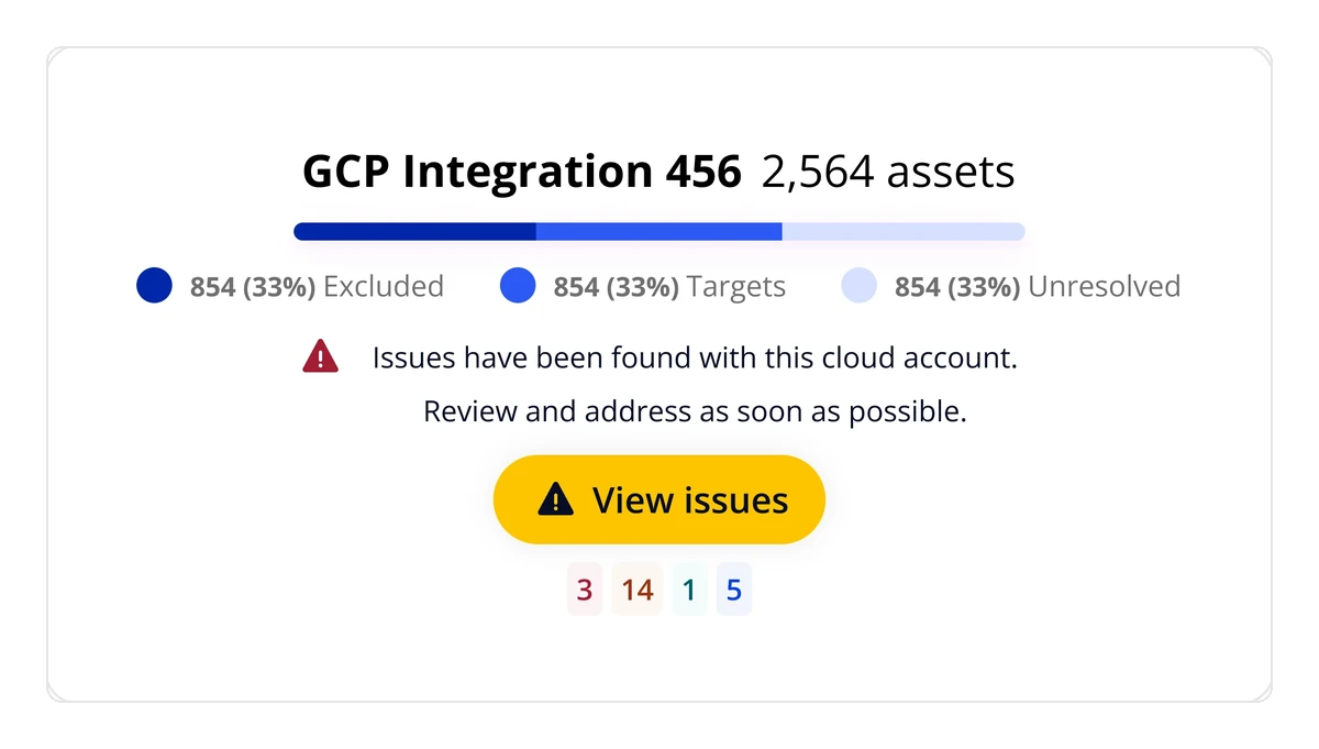 GCP Integration 456 panel: 2,564 assets split into excluded, targets and unresolved, with a View issues button