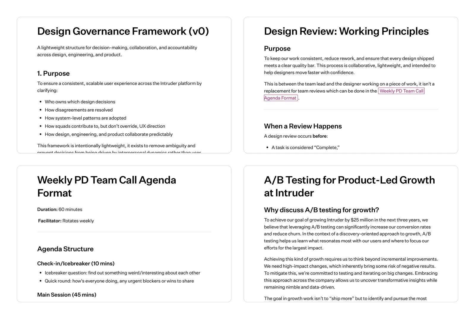 Process documents Keith wrote for Intruder's design team, including a design governance framework and design review working principles
