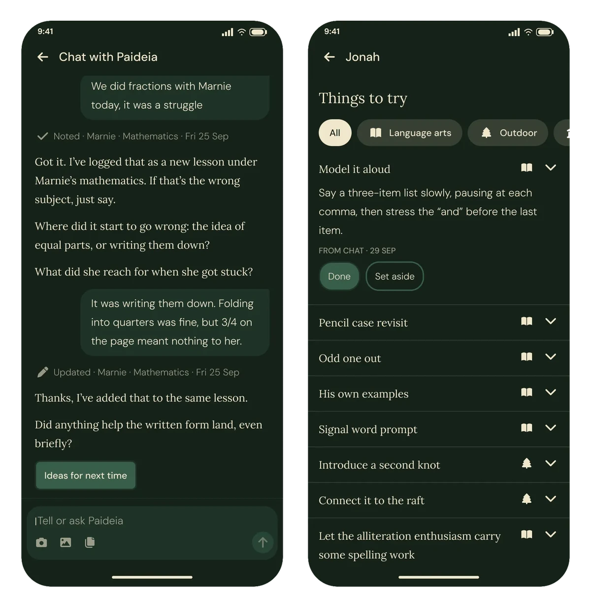 Two phone screens of the Paideia app: a chat about a fractions lesson, and a list of teaching ideas with one expanded