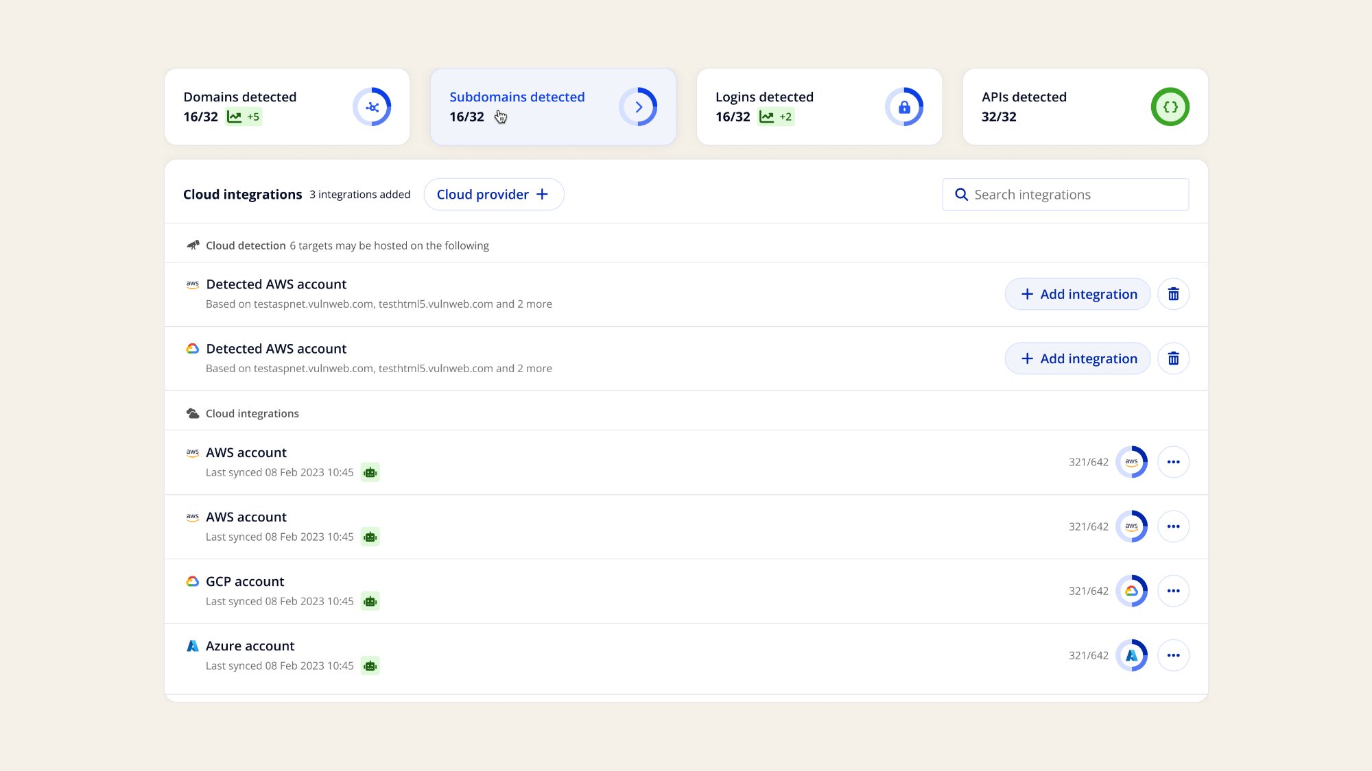 Asset discovery UI showing cloud integrations dashboard