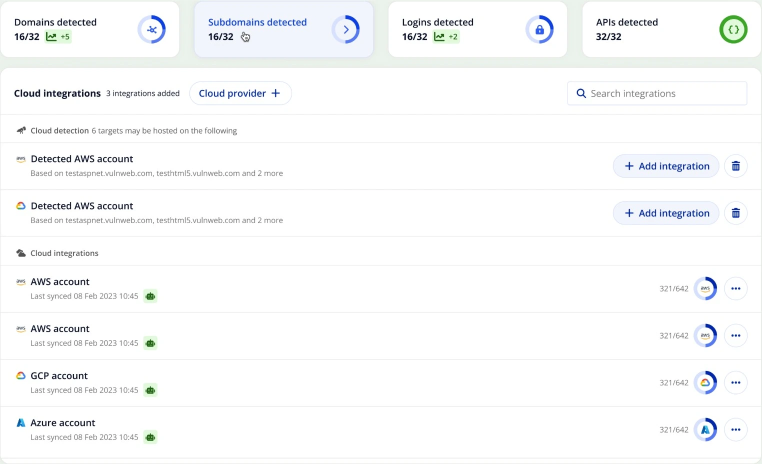 Asset discovery UI showing cloud integrations dashboard