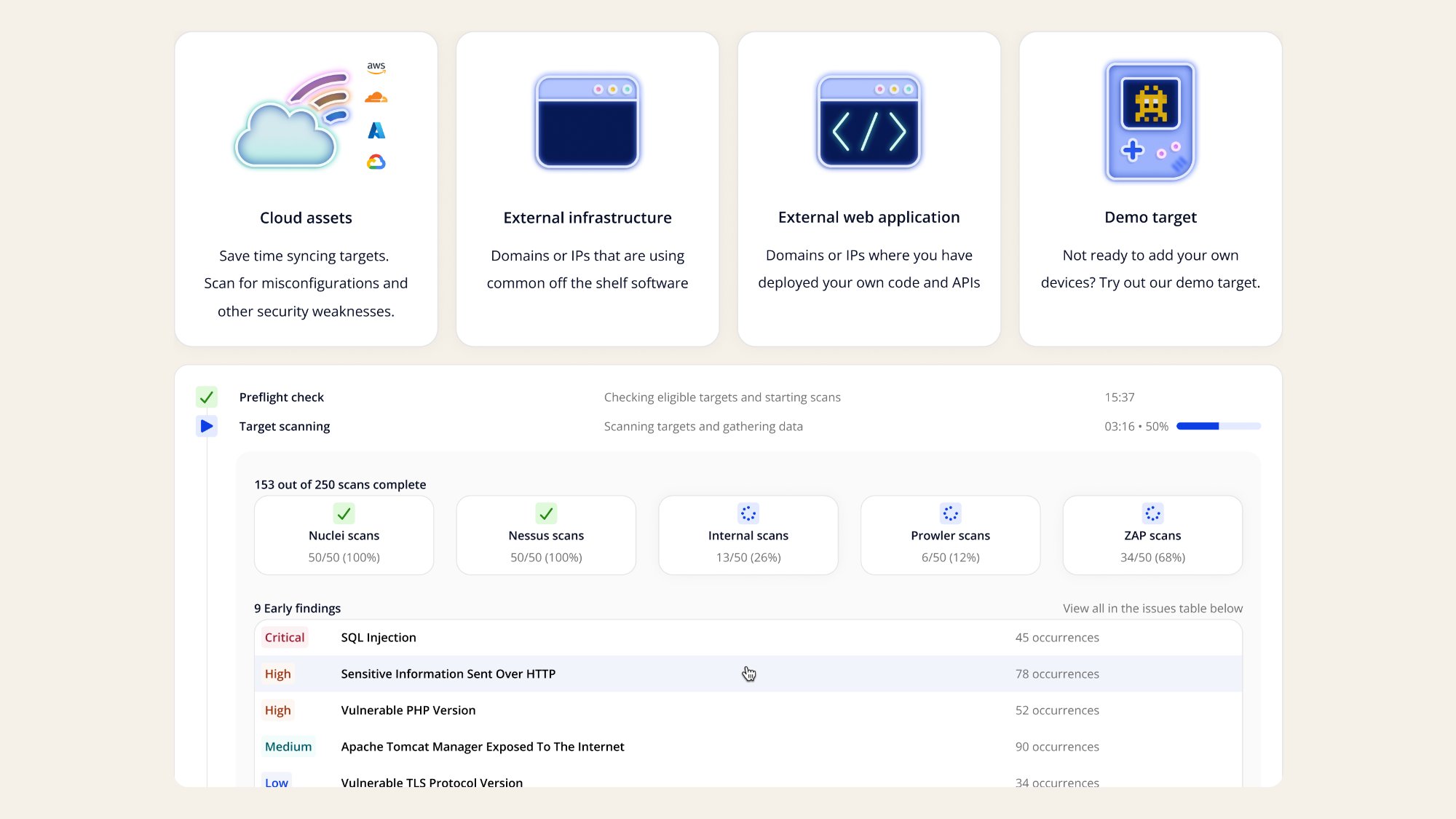 Intruder onboarding flow and target selection UI
