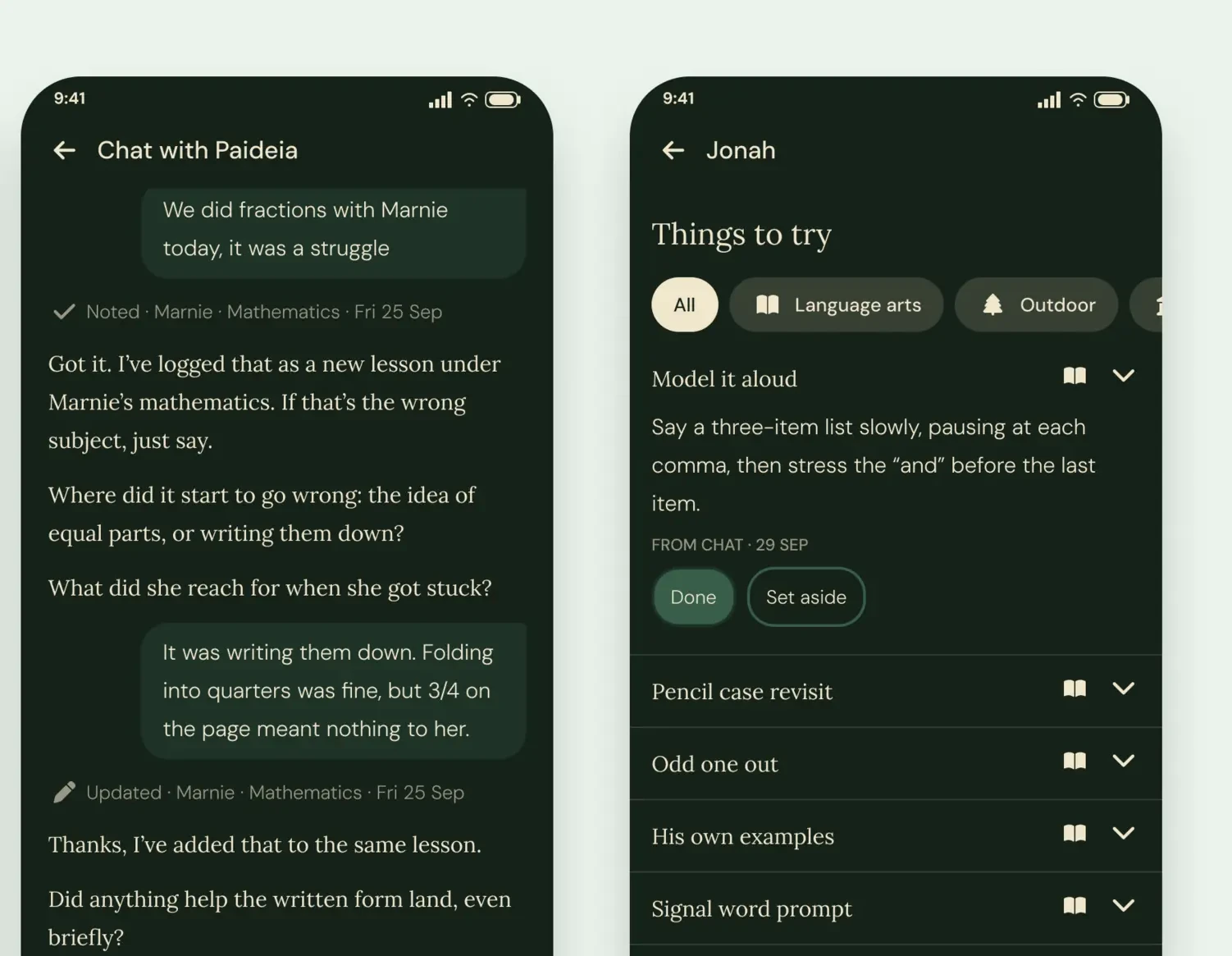 Two phone screens of the Paideia app: a chat about a fractions lesson, and a list of teaching ideas with one expanded