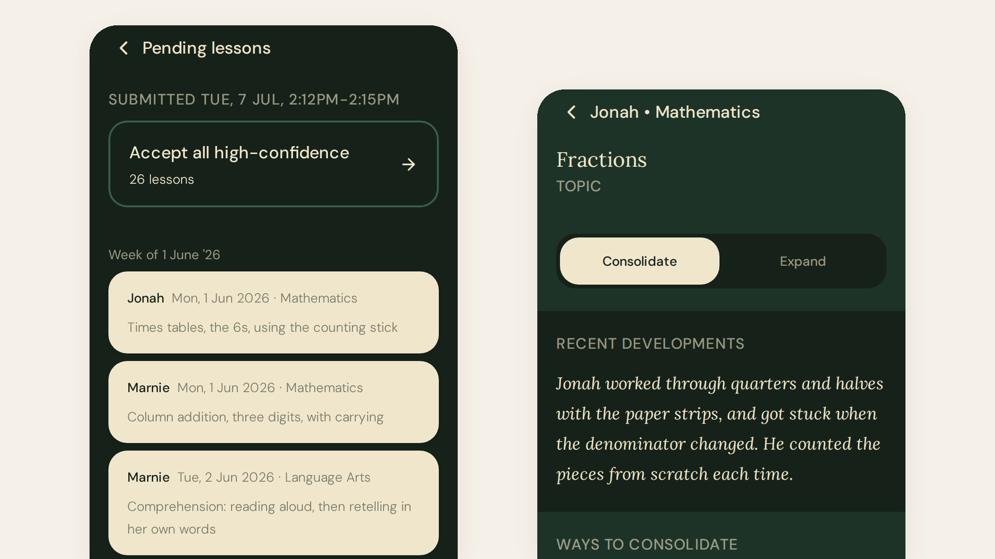 Paideia lesson capture and coaching screens on two phones