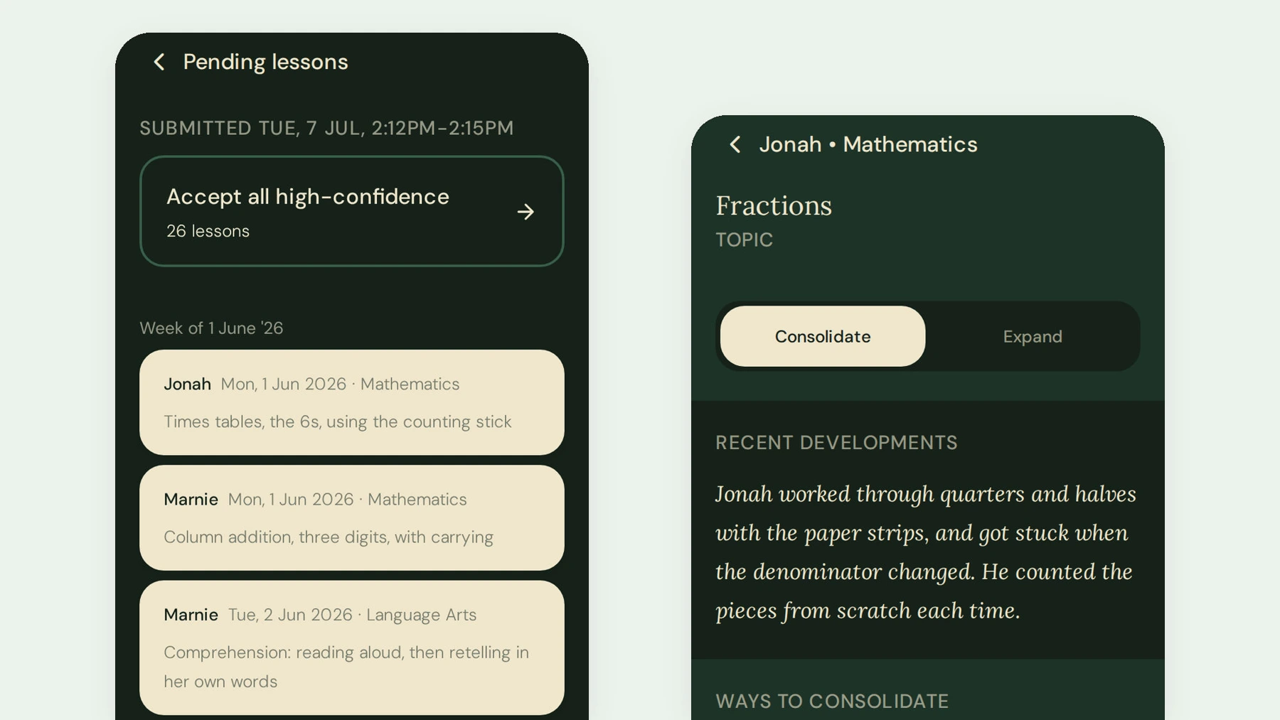 Paideia lesson capture and coaching screens on two phones