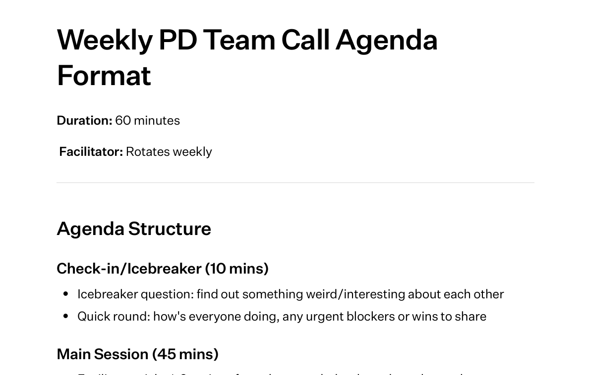 Weekly PD Team Call Agenda Format - Slab document