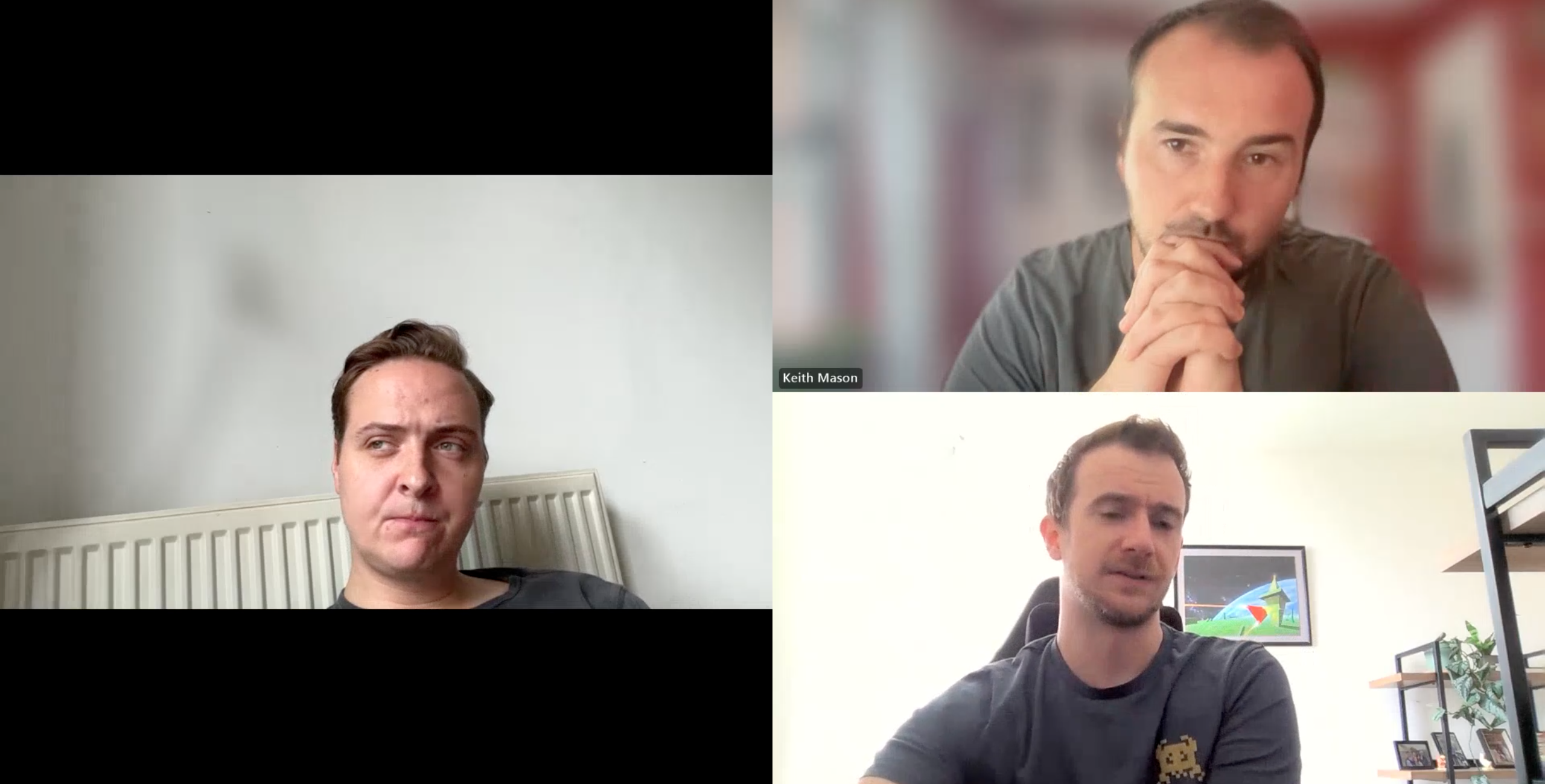 Weekly design team call with Keith Mason in the top right