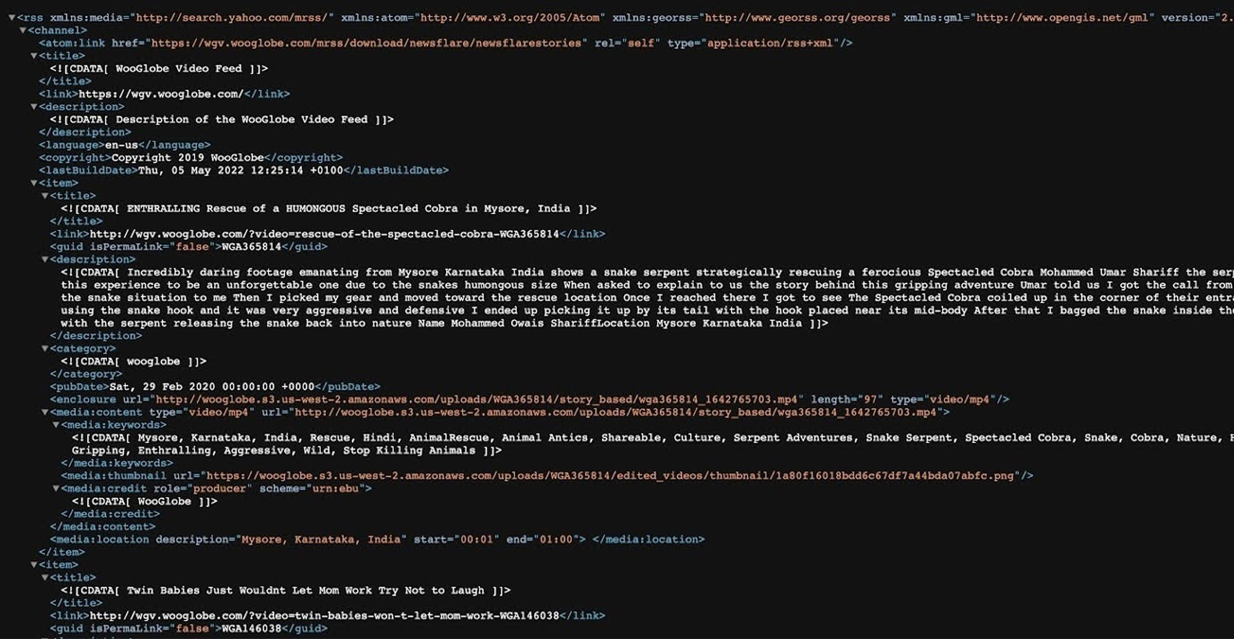 Raw MRSS XML feed from a Content Partner showing video metadata, titles, descriptions, categories and Amazon S3 media URLs