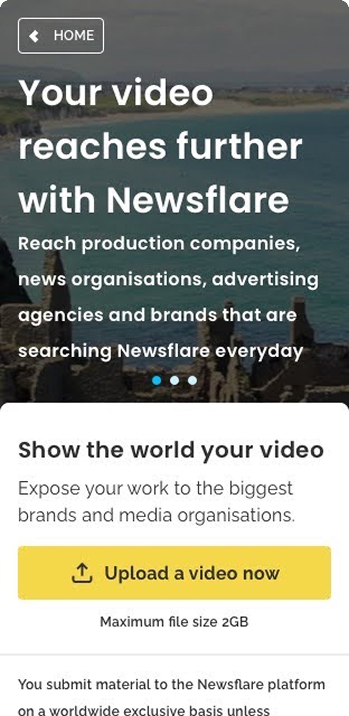 Mobile upload screen showing 'Your video reaches further with Newsflare' hero, Show the world your video section, and Upload a video now CTA