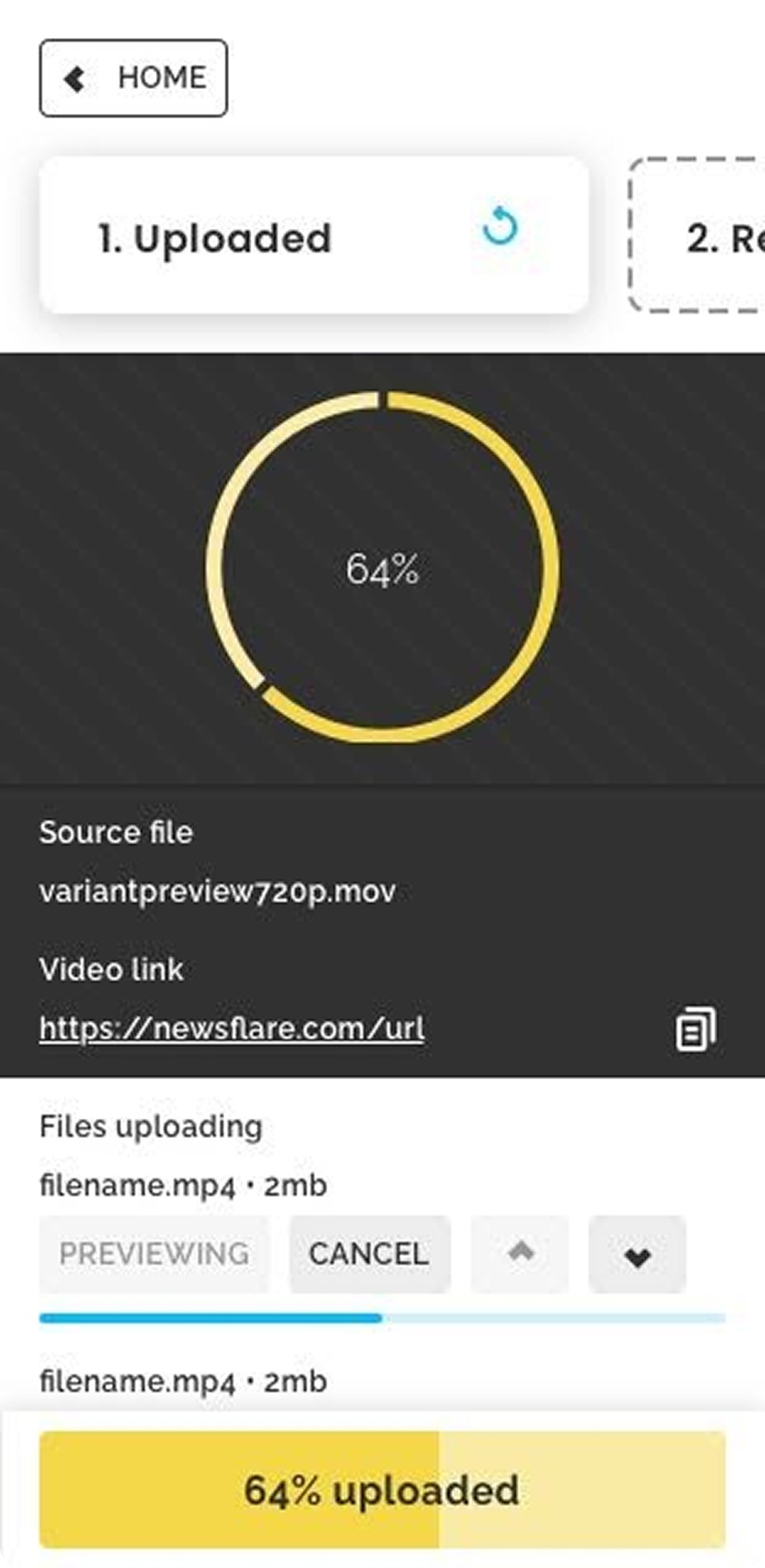 Mobile upload in progress screen showing 64% circular progress indicator, source file details, and files uploading list