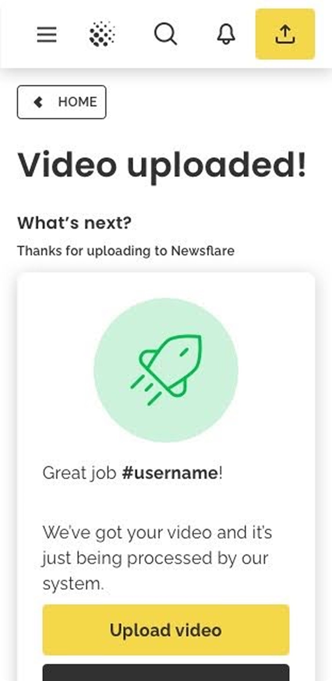 Video uploaded success screen showing celebration state with What's next section and Upload video CTA