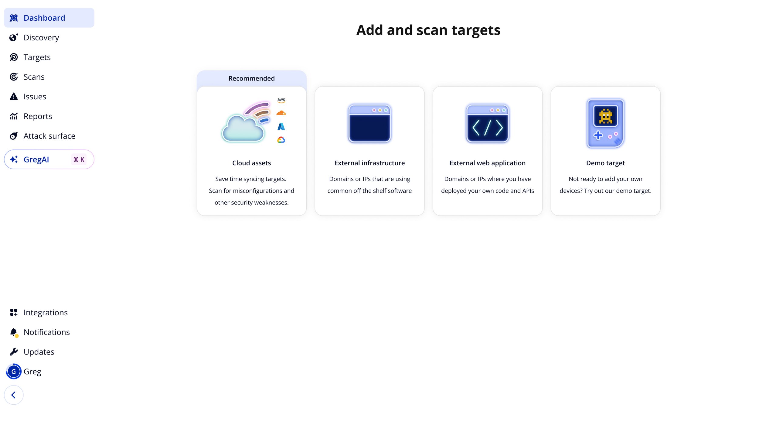 New Intruder empty state showing Add and scan targets with four target type options