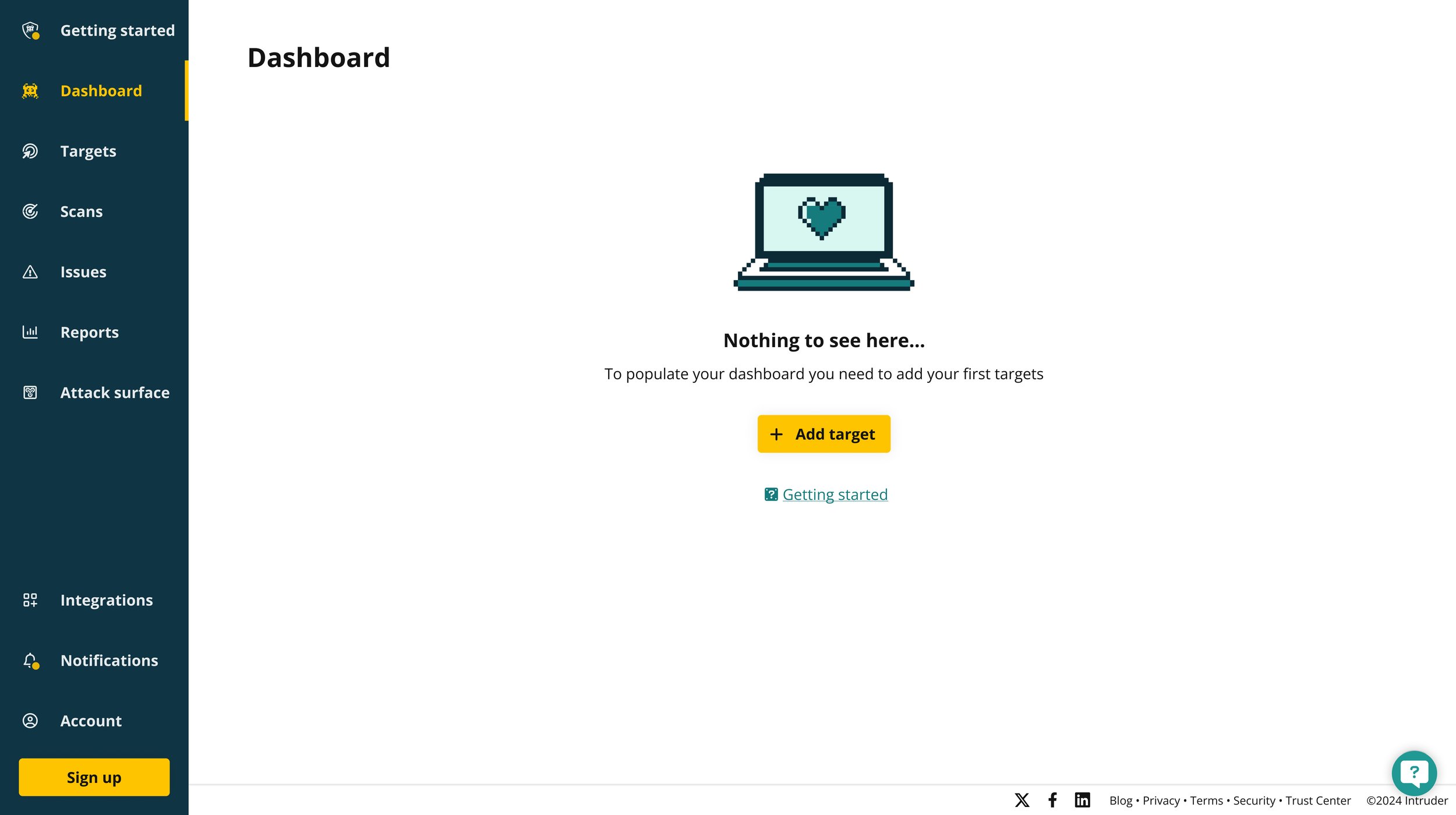 Old Intruder dashboard empty state showing 'Nothing to see here' message with Add target CTA