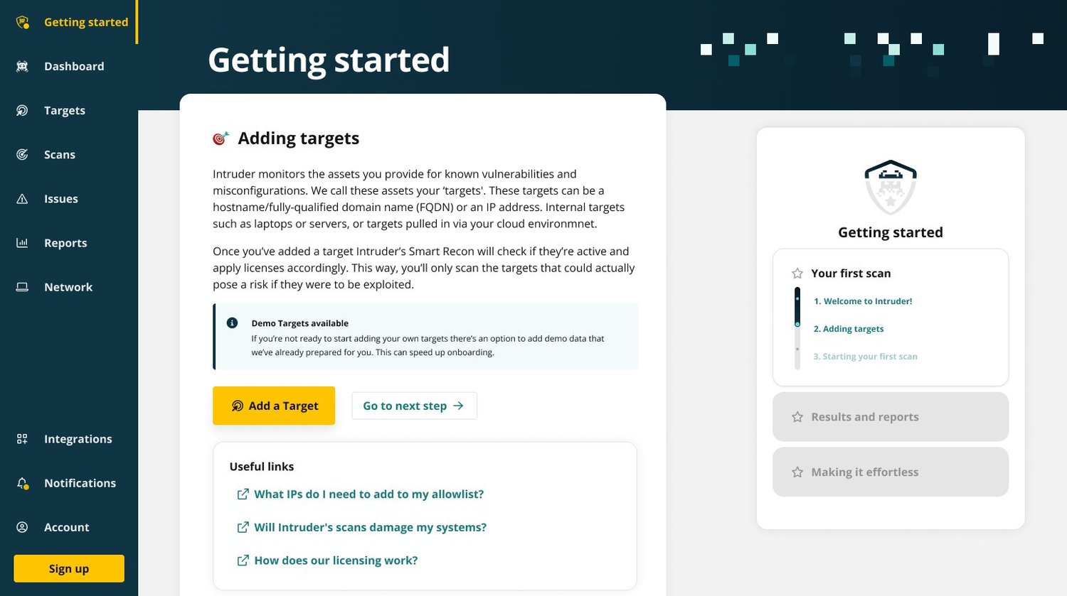 The old Intruder Getting Started onboarding flow showing the adding targets step