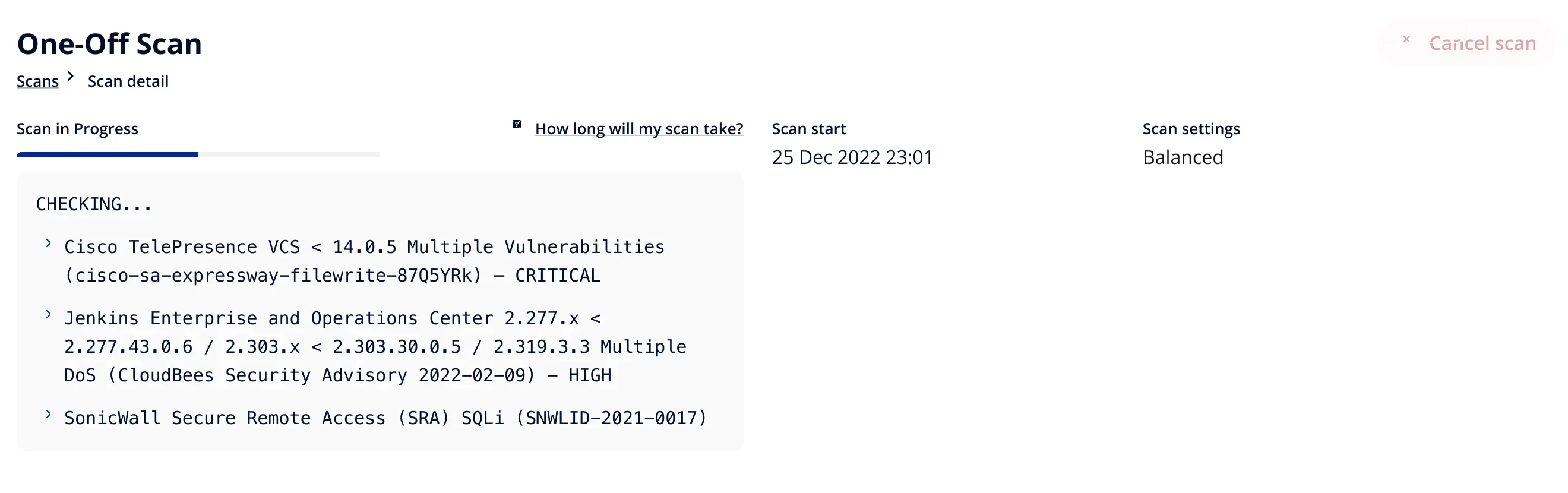 The old scan in progress view: a single progress bar above a scrolling log of the checks being run, such as a Cisco TelePresence vulnerability marked critical
