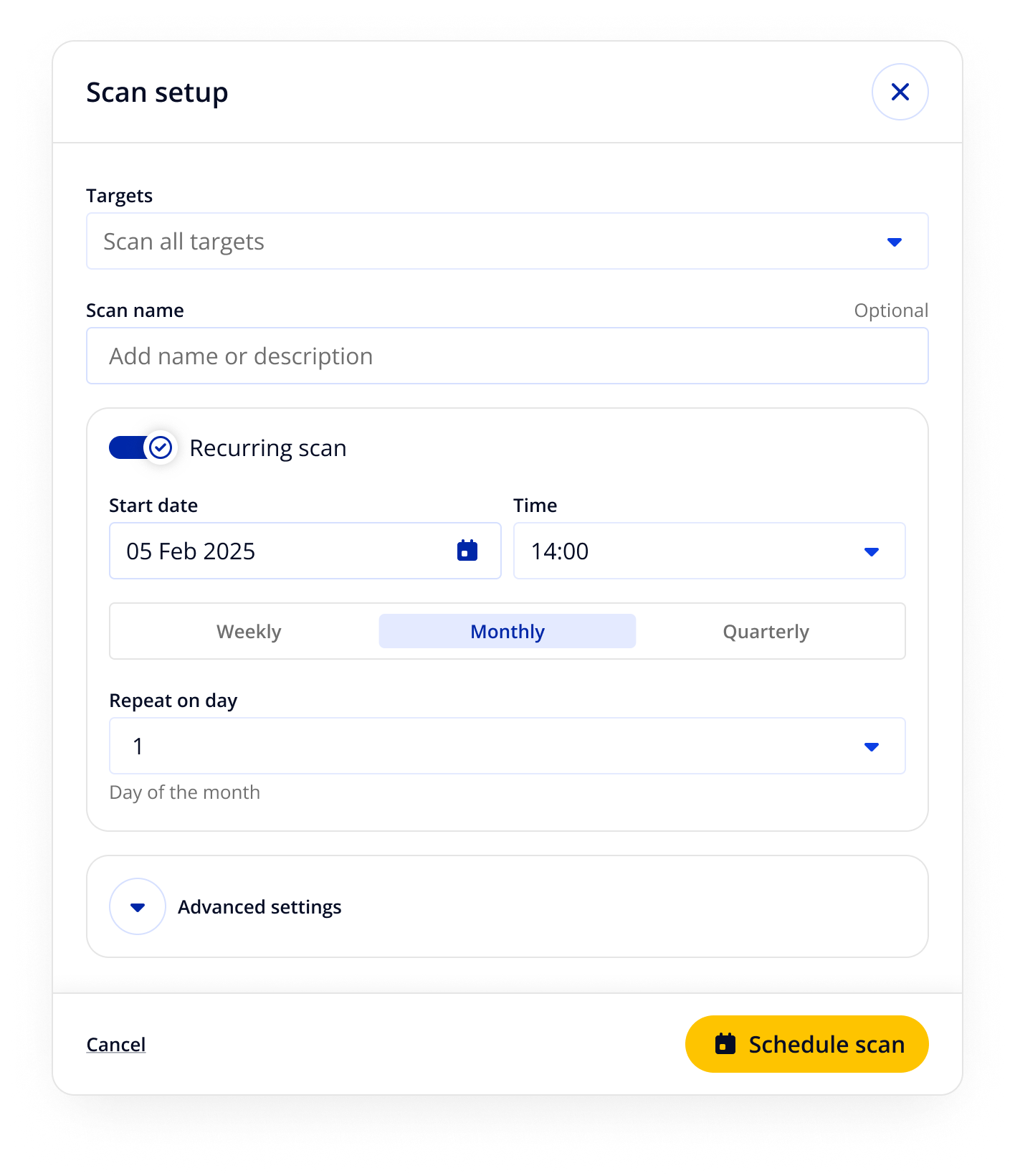 Scan setup modal showing recurring scan configuration with weekly, monthly and quarterly options
