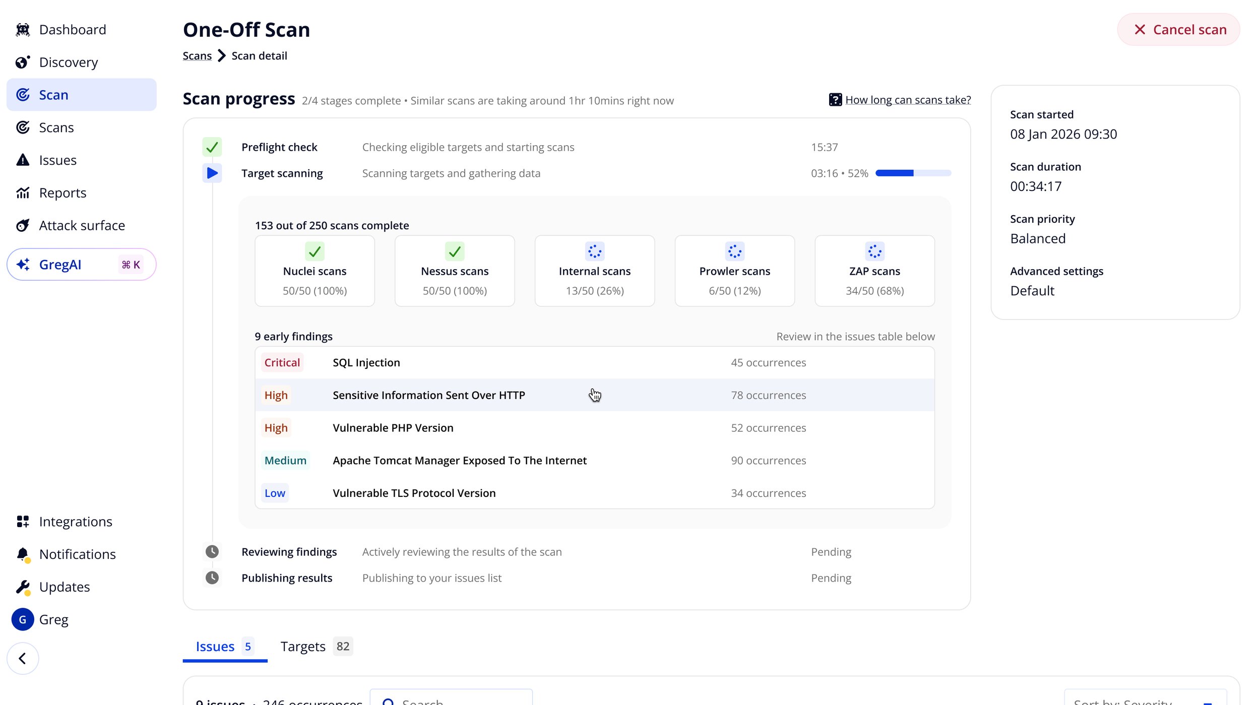 New scan in progress view showing real-time findings including SQL Injection and other vulnerabilities