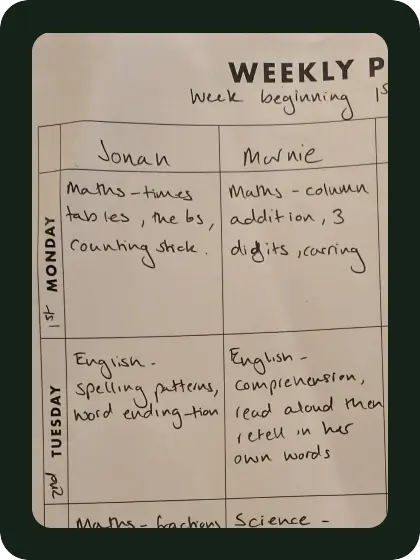 A photographed handwritten weekly planner with columns for Jonah and Marnie.