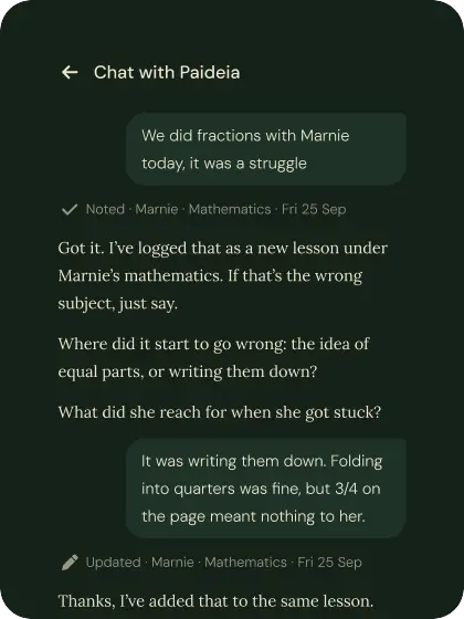 A chat in which a tutor describes a fractions lesson with Marnie and the app asks where it went wrong.