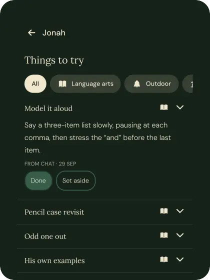 A list of teaching ideas headed "Things to try", the first expanded and marked "From chat".