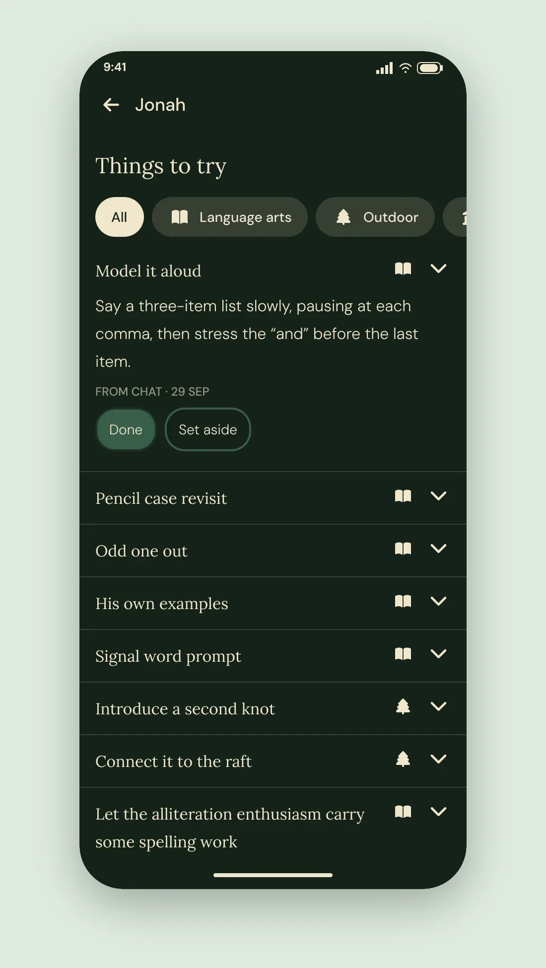 A list of teaching ideas headed "Things to try". The first, "Model it aloud", is expanded and marked "From chat", with Done and Set aside buttons.