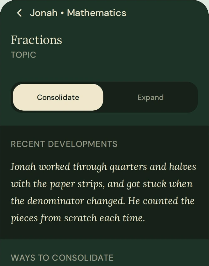 A phone screen for the topic "Fractions" under Jonah&rsquo;s mathematics, with a Consolidate and Expand switch, a short note on recent developments, and the start of a list headed "Ways to consolidate".